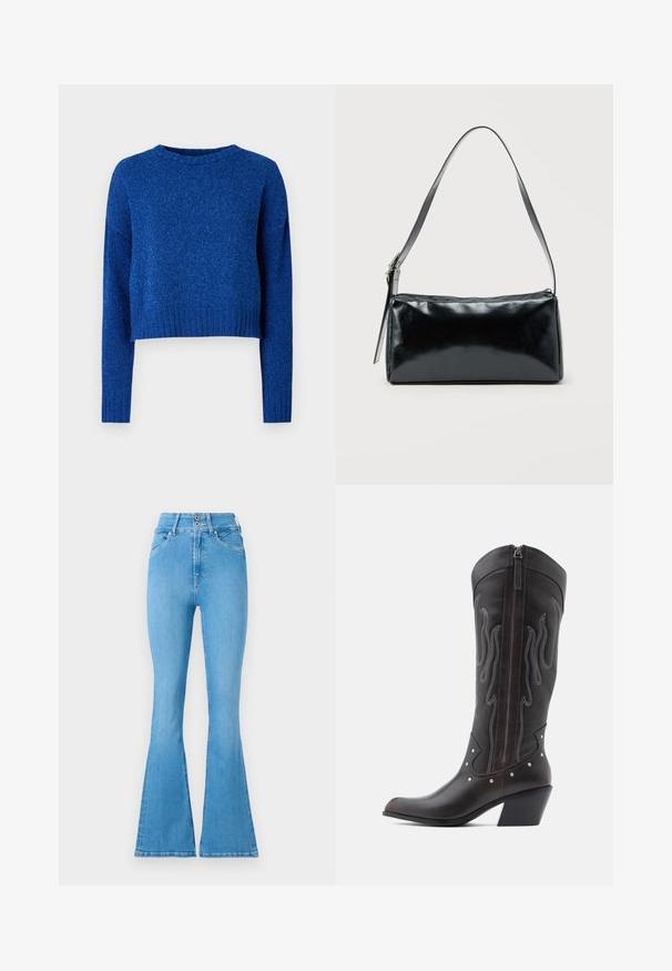 Suéter corto azul con mangas largas, cuello redondo y dobladillo acanalado. Fabricado con una tela suave y texturizada con un brillo sutil.; Jeans de mezclilla azul claro de campana con cintura alta, que presentan un cierre de doble botón y detalles de costura sutiles. Textura suave en todo su diseño.; Botas de cowboy de cuero marrón con costuras en forma de llama, cremallera lateral, tachuelas plateadas, punta puntiaguda y tacón apilado.; Bolso de hombro rectangular negro con una correa ajustable y un cierre de cremallera superior sobre un fondo liso.