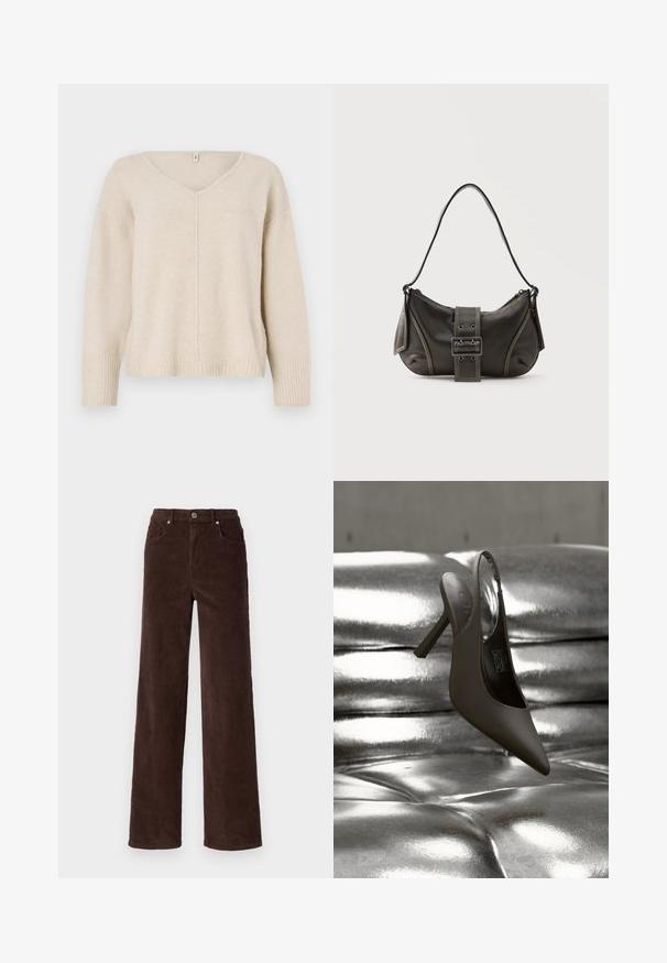 Beige neulepaita, jossa on V-pääntie, ribbireunat ja helma. Ominaisuuksiin kuuluu keskeinen sauma- ja löysä istuvuus. Pehmeä, texturoitu materiaali.; Vero Moda VMTESSA WIDE PANTS - Housut - chocolate torte; Musta, kärjestä terävä, korkokengällinen slingback-kenkä lepää kiiltävän, metallisen hopeanvärisen nappipäällysteisen pinnan päällä.; Musta nahkainen olkalaukku, jossa solkikiinnitys, pyöristetyt reunat ja vastavärinen valkoinen ommel yksivärisellä taustalla.