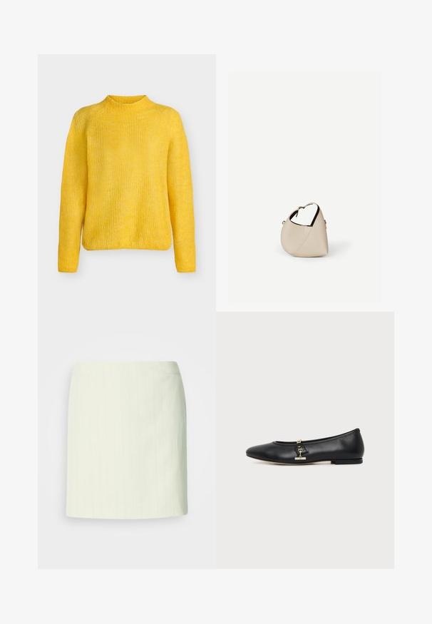 Pull en maille jaune vif à manches longues et col rond haut, présenté sur un fond blanc uni.; Jupe crayon ivoire longueur genou avec de subtiles fines rayures verticales et une taille cintrée.; Chaussure plate en cuir noir avec bout arrondi et petit détail de boucle dorée sur le côté, présentée sur un fond clair uni.; Sac à main en cuir beige en forme de croissant avec une seule bandoulière et des coutures minimalistes, posé sur un fond blanc uni.