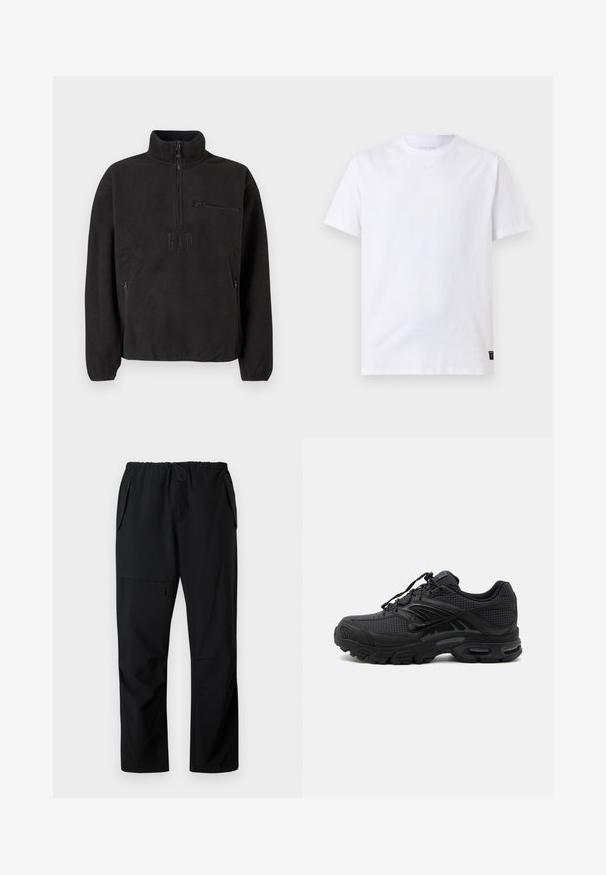 Pull-over polaire noir avec col montant, fermeture à moitié zippée et poche avant zippée. Tissu texturé et logo en relief.; T-shirt blanc uni à manches courtes et col rond, avec une petite étiquette noire d'entretien au bas de l'ourlet sur un fond gris clair.; Pantalons décontractés noirs avec taille élastique, deux poches latérales et une poche zippée sur la cuisse, présentés à plat sur fond blanc.; Baskets de sport noires avec tissu texturé, semelle épaisse et rembourrée, aérations et fermeture à lacets, vues de profil sur fond clair.