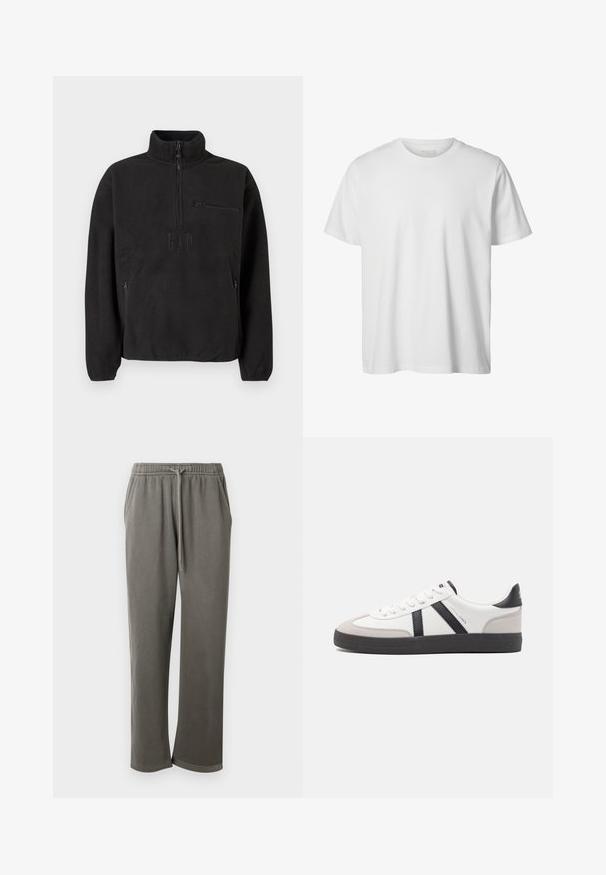 Pull-over polaire noir avec col montant, fermeture à moitié zippée et poche avant zippée. Tissu texturé et logo en relief.; T-shirt blanc uni à manches courtes, col rond, coupe décontractée, sans logos ni motifs visibles à l'avant.; Pantalon de survêtement en coton gris avec une taille élastique et un cordon de serrage, doté de poches latérales et d'une coupe décontractée sur les jambes.; Baskets blanches avec des accents noirs et gris, présentant un embout texturé gris, une semelle en caoutchouc noir et des lacets plats blancs. Design épuré, style minimaliste.