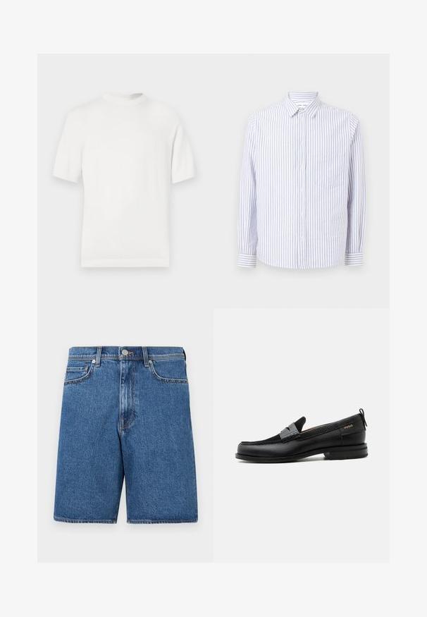 T-shirt en tricot blanc à manches courtes avec un col rond, présentant une texture lisse et des accents côtelés au niveau du col et de l'ourlet.; Chemise à rayures bleu clair et blanche. Dotée d'un col pointu, de manches longues et d'une poche poitrine unique. Tissu en coton.; Shorts en denim d'une teinte bleu moyen, avec un design classique à cinq poches, des accents cousus et une silhouette à coupe droite.; Mocassin en cuir noir avec détail de bride grise, talon bas et semelle texturée, marqué "HUGO" en or sur le côté.