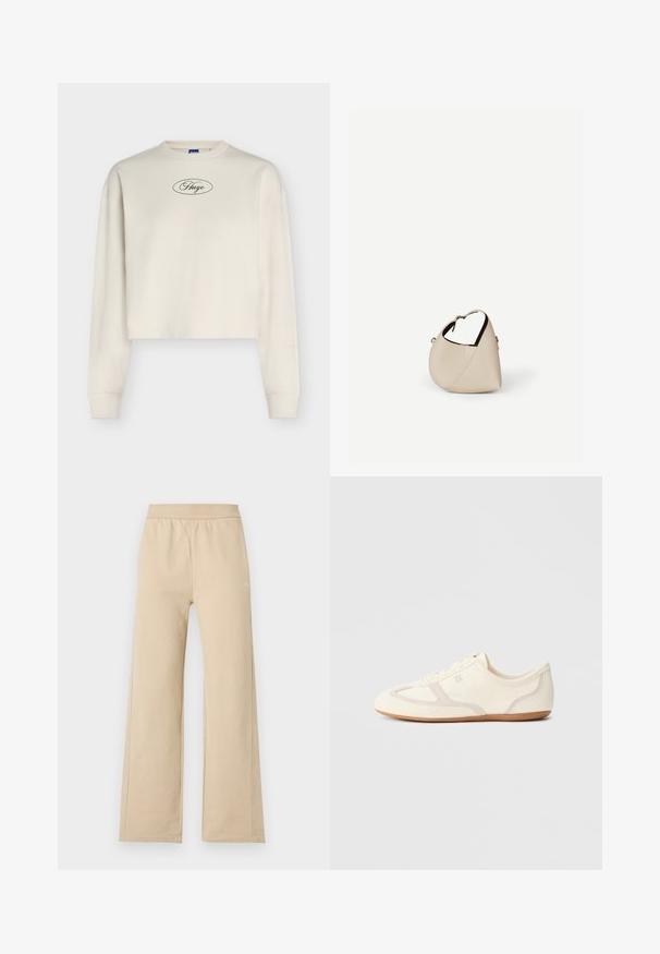 Sweat-shirt court à manches longues couleur crème avec poignets côtelés et logo « Hugo » en écriture dans un ovale sur la poitrine.; Pantalon beige à jambes larges avec taille élastique et détails de couture minimalistes, présenté sur un fond clair uni.; Baskets couleur crème avec une tige en daim et tissu, un bout arrondi, et une semelle en caoutchouc avec un détail accent beige. Fermeture à lacets.; Sac à main en cuir beige en forme de croissant avec une seule bandoulière et des coutures minimalistes, posé sur un fond blanc uni.