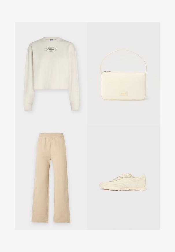 Sweat-shirt court à manches longues couleur crème avec poignets côtelés et logo « Hugo » en écriture dans un ovale sur la poitrine.; Pantalon beige à jambes larges avec taille élastique et détails de couture minimalistes, présenté sur un fond clair uni.; Baskets basses de couleur crème avec des coutures ondulées, une fermeture à lacets et une semelle crantée, vues de côté sur un fond uni.; Sac à main rectangulaire de couleur crème avec une seule sangle et une fermeture éclair sur le dessus, comportant une petite plaque de logo embossé à l'avant.