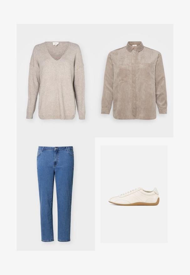 Beige V-Ausschnitt Pullover aus weichem Strickmaterial, mit entspanntem Schnitt, überschnittenen Schultern und gerippten Bündchen und Saum.; Beige Cordhemd mit Button-Down-Kragen, zwei Brusttaschen und langen Ärmeln. Verfügt über vertikale Rillen und einen subtilen Glanz.; Blaue Jeans aus Denim mit Frontknopf und Reißverschluss, klassisches Fünf-Taschen-Design, gerade Beinform, flach auf weißem Hintergrund dargestellt.; Weißer Ledersneaker mit glatter Textur, abgerundetem Zehenbereich und tonalen Nähten. Verfügt über eine braune Gummisohle und eine Schnürverschluss.