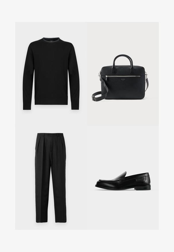 Pull noir à manches longues, col rond avec bord-côtes texturé au col et aux poignets. Fabriqué dans un tissu lisse avec un design simple.; Pantalons plissés noirs au design sur mesure, confectionnés en tissu lisse, avec une fermeture à bouton et une coupe droite.; Mocassin noir en cuir à enfiler avec un petit talon, un bout arrondi et des surpiqûres décoratives le long du bord supérieur.; Serviette rectangulaire en cuir noir texturé avec double poignée, poche avant zippée et bandoulière réglable présentée sur fond blanc.
