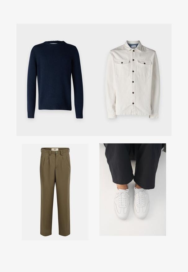 Selected SLMCODY LS KNIT CREW NECK NOOS - Trui - sky captain; Jack & Jones JJEEDDIE - Overhemd - buttercream; Olivengroene geplooide broek met knoop- en ritssluiting, lussen voor een riem en zijzakken, weergegeven tegen een effen achtergrond.; Witte leren sneakers met een gladde textuur, ronde neus en klassiek vetersysteem, gepositioneerd boven donkere, losse broeken.