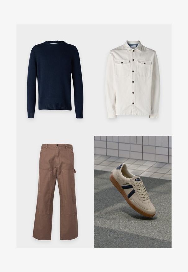 Selected SLMCODY LS KNIT CREW NECK NOOS - Jersey de punto - sky captain; Jack & Jones JJEEDDIE - Camisa - buttercream; Pantalones cargo de algodón marrón con un ajuste relajado, bolsillos laterales y grandes parches en las rodillas para mayor durabilidad y estilo.; Zapatilla beige con acabado texturizado, rayas azul marino y suela de goma. Presenta una lengüeta acolchada y un sistema de cordones tradicional para un ajuste seguro.
