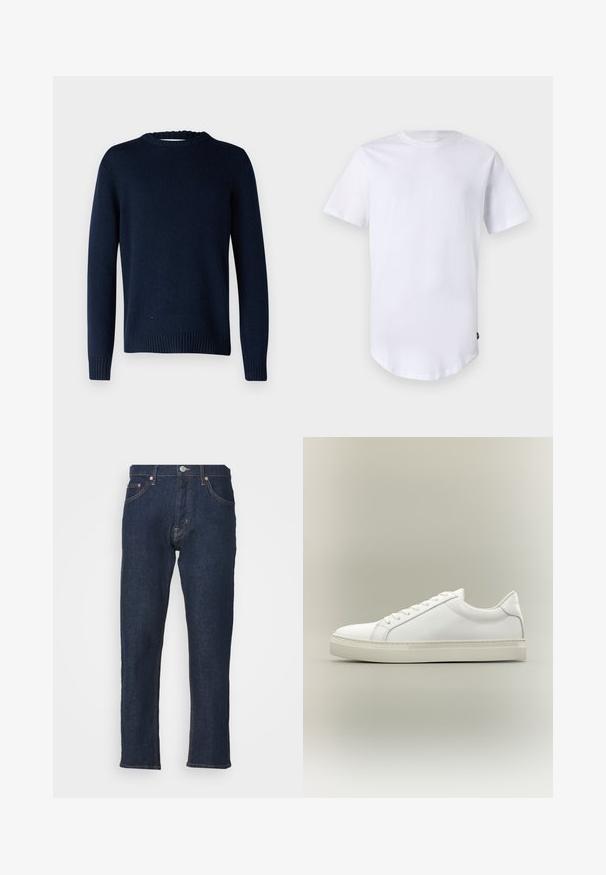 Selected SLMCODY LS KNIT CREW NECK NOOS - Trui - sky captain; Witte katoenen t-shirt met korte mouwen. Rond de hals ontwerp met een gebogen zoom. Label zichtbaar aan de onderste linkerzijde. Gladde textuur.; Donkerblauwe denim jeans met een rechte pijpdesign, vijf zakken en contrasterende stiksels. Voorzien van een knoop- en ritssluiting.; Witte lage sneaker met veters aan de voorkant en dikke zool, zijaanzicht tegen een neutrale achtergrond.