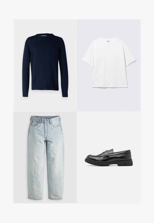 Selected SLMCODY LS KNIT CREW NECK NOOS - Trui - sky captain; Witte oversized T-shirt met korte mouwen, ronde hals en verlaagde schouders, plat op een lichtgrijze achtergrond.; Lichtblauwe denim jeans met een rechtBeen, vijf zakken en een knoopsluiting; heeft vervaagde gebieden en subtiele stikdetails.; Zwarte leren instapper met een brede band over de voet, rubberen zool met dikke noppen en een gladde textuur. Klassiek, strak ontwerp.