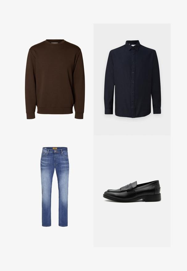Sudadera lisa de color marrón oscuro con cuello redondo y mangas largas, con puños y cinturilla acanalados, mostrada sobre un fondo blanco.; Camisa de botones de manga larga en azul marino oscuro con cuello y puños, mostrada plana sobre un fondo claro y sencillo.; Jeans slim-fit azules desgastados con botón delantero y cremallera, estilo de cinco bolsillos y etiqueta de marca visible en la cinturilla.; Mocasín negro de cuero para hombre con detalle de borlas, punta redondeada, tacón bajo y acabado liso y pulido, mostrado de lado sobre un fondo blanco.