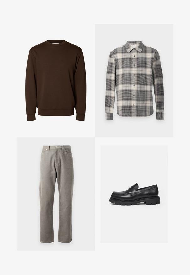 Ensfarvet mørkebrun langærmet sweatshirt med rund hals, med ribstrikkede manchetter og linning, vist på hvid baggrund.; Langærmet ternet skjorte i sort og creme. Har knaplukning foran, klassisk krave og varierende ternede mønster. Blødt stof.; Grå kordfløjlsbukser med lige ben, der har en høj talje, forlommer og en subtil lodret ribbet tekstur.; Sort læderloafer med tyk rillede sål og penny-remdetalje, vist i højre sideprofil på hvid baggrund.