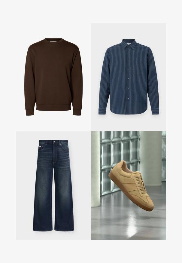 Sudadera lisa de color marrón oscuro con cuello redondo y mangas largas, con puños y cinturilla acanalados, mostrada sobre un fondo blanco.; Camisa de manga larga con botones, de rayas verticales en azul oscuro y claro, con cuello puntiagudo, bolsillo en el pecho y puños abotonados.; Vaqueros vaqueros azul oscuro de pierna ancha con bolsillos delanteros, trabillas para cinturón, cierre de botones y un sutil desgaste en muslos y rodillas.; Zapatilla beige de ante con suela de goma, diseño con cordones, flotando en interiores sobre suelo de hormigón pulido cerca de pared de bloques de vidrio.