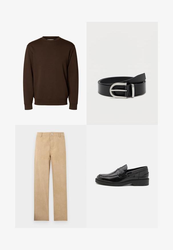 Schlichtes dunkelbraunes Sweatshirt mit langen Ärmeln und Rundhalsausschnitt, mit gerippten Bündchen und Bund, vor weißem Hintergrund dargestellt.; Beige, gerade geschnittene Hose mit dezent texturiertem Muster, Knopfverschluss, Gürtelschlaufen und vorderen Taschen, flach liegend auf weißem Hintergrund.; Schwarze Lederloafers mit glatter Oberfläche, abgerundetem Zehenbereich, niedrigem Absatz und dekorativer Naht entlang der Vorderseite. Gummisohle für guten Halt.; Schwarzer Leder-Gürtel mit einer glatten Oberfläche, ausgestattet mit einer silbernen Metallschnalle und einer klassischen rechteckigen Form.
