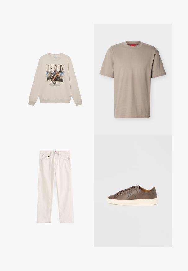 Sweatshirt beige à manches longues, encolure ronde et motif à l'avant représentant un cavalier et des montagnes. Matière douce, coupe décontractée.; T-shirt beige à manches courtes et col rond avec un logo "HUGO" subtilement embossé sur la poitrine et une étiquette rouge à l'intérieur de l'encolure.; Jeans en denim beige avec une coupe droite, dotés d'une fermeture éclair, de cinq poches et de coutures contrastées. Étiquette logo sur la ceinture.; Baskets en cuir marron à texture lisse, semelle extérieure crème contrastante, bout arrondi et lacets marron foncé ; présente un logo discrètement embossé.