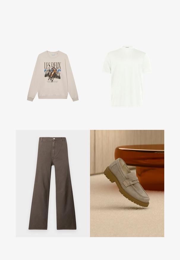Sweatshirt beige à manches longues, encolure ronde et motif à l'avant représentant un cavalier et des montagnes. Matière douce, coupe décontractée.; T-shirt blanc à col rond en tissu doux. Manches courtes, sans motifs. Design simple avec un ourlet droit et des détails minimalistes.; Pantalons larges marron à taille haute, fermeture à bouton, passants de ceinture et détails de couture visibles sur les jambes.; Mocassin en daim gris clair avec une semelle en caoutchouc marron épaisse, posé sur un tapis beige devant une table ronde marron floue.