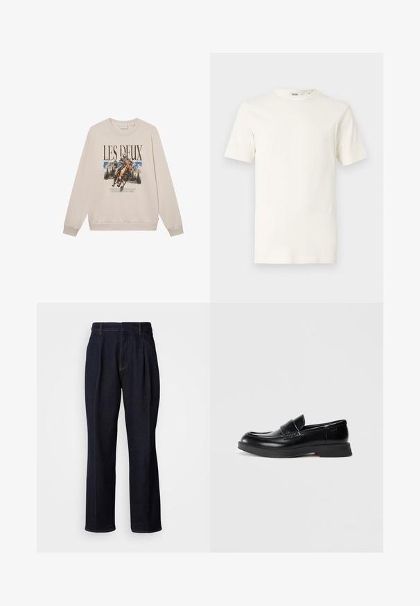 Sweatshirt beige à manches longues, encolure ronde et motif à l'avant représentant un cavalier et des montagnes. Matière douce, coupe décontractée.; T-shirt en coton beige clair à manches courtes et col rond. Présente une texture lisse et un design simple sans motifs ni accents.; Jean en denim large à jambes bleues foncées avec des plis devant et des coutures orange, présenté sur fond blanc.; Mocassins en cuir noir avec une finition lisse, présentant un panneau avant rehaussé et un accent rouge contrastant sur la semelle. Semelle extérieure en caoutchouc plate.
