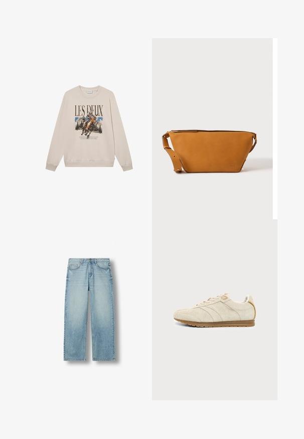 Sweatshirt beige à manches longues, encolure ronde et motif à l'avant représentant un cavalier et des montagnes. Matière douce, coupe décontractée.; Jean en denim bleu clair à coupe droite avec cinq poches et fermeture par boutons, présenté sur fond blanc.; Baskets en daim beige avec semelle en gomme, design à profil bas et détails de couture subtils, vues de côté sur un fond uni.; Sac bandoulière en cuir marron clair avec sangle réglable et fermeture éclair, présenté sur un fond clair uni.