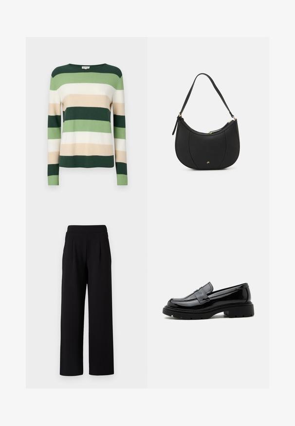 Pull rayé à manches longues. Les couleurs comprennent le vert foncé, le vert clair, la crème et le beige. Fabriqué en matériau tricoté doux. Encolure ronde.; TOM TAILOR DENIM PLEATED PANTS - Pantalon classique - deep black; Mocassin en cuir noir brillant avec semelle épaisse à crampons et bride penny, présenté en profil latéral sur fond blanc uni.; Sac à main en cuir noir avec une forme courbée, surface texturée, coutures avant et un logo doré. Il est doté d'une seule sangle ajustable.