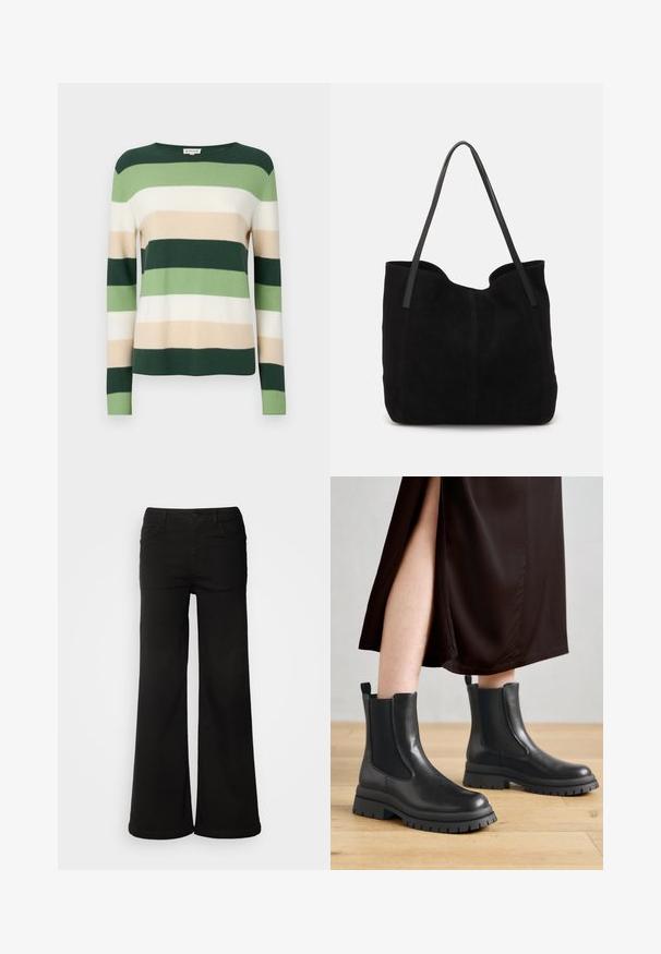 Pull rayé à manches longues. Les couleurs comprennent le vert foncé, le vert clair, la crème et le beige. Fabriqué en matériau tricoté doux. Encolure ronde.; Pantalons larges noirs en denim, avec des poches avant, une fermeture à bouton et une texture lisse avec une finition soignée.; Bottines en cuir noir avec panneaux latéraux élastiques, semelles en caoutchouc épaisses et languettes de tirage au talon ; portées avec une robe midi marron foncé.; Sac fourre-tout en suède noir avec deux longues anses en cuir plates. Présente un bord supérieur incurvé et des coutures visibles sur le devant. Pas d'accents en métal.
