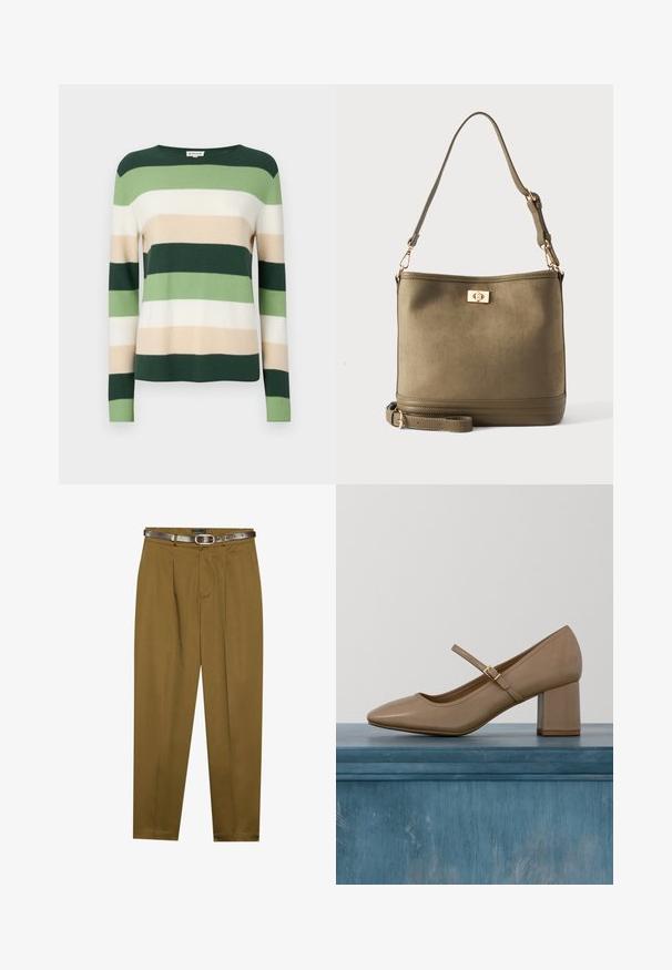 Stribet sweater med lange ærmer. Farverne inkluderer mørkegrøn, lys grøn, creme og beige. Lavet af et blødt strikmateriale. Rund halsudskæring.; Brune, skræddersyede bukser med plisseret front og en tætsiddende talje. Mørkebrun læderbælte inkluderet, med en rund spænde.; Beige læderpumpe med blokhæl, rundet tå og en dekorativ strop med en gylden spænde. Glat tekstur, minimalistisk design.; Olivengrøn bucket-taske med justerbar skulderrem og guldfarvet drejelås foran.