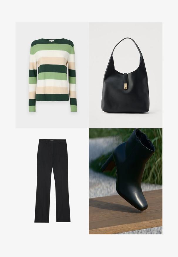 Pull rayé à manches longues. Les couleurs comprennent le vert foncé, le vert clair, la crème et le beige. Fabriqué en matériau tricoté doux. Encolure ronde.; Pantalon noir à coupe droite, en tissu lisse et sans motifs visibles. Conçu avec des poches avant classiques et un zip.; Bottines en cuir noir avec talon cubique, posées sur un banc en bois à l'extérieur, avec de l'herbe et des pierres blanches en arrière-plan.; Sac hobo en cuir noir à finition texturée, doté d'un fermoir doré et d'une anse incurvée unique pour un port à l'épaule.