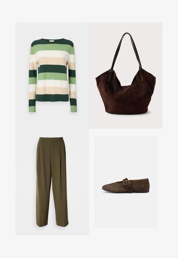 Pull rayé à manches longues. Les couleurs comprennent le vert foncé, le vert clair, la crème et le beige. Fabriqué en matériau tricoté doux. Encolure ronde.; Pantalons à jambes larges vert olive en tissu lisse, dotés d'une taille haute, de plis sur le devant et de poches latérales pour plus de fonctionnalité.; Chaussure plate en daim marron avec une large bride et une boucle dorée, bout arrondi et semelle noire basse, vue de profil sur fond blanc.; Handbag en cuir suédé marron avec une forme douce et souple. Doté de poignées en cuir et d'une étiquette décorative. Texture plain avec des coutures courbes.