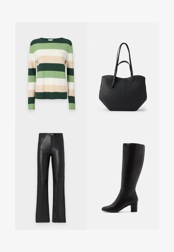 Pull rayé à manches longues. Les couleurs comprennent le vert foncé, le vert clair, la crème et le beige. Fabriqué en matériau tricoté doux. Encolure ronde.; Pantalons en faux cuir noir avec une coupe droit, dotés d'une fermeture éclair à l'avant, d'une fermeture à bouton et de poches latérales. Texture lisse et brillante.; Anna Field by Zalando Bottes - black; Sac fourre-tout noir en cuir lisse et texturé, avec un haut arrondi et deux longues anses. Présente une base angulaire pour la stabilité et un design structuré.