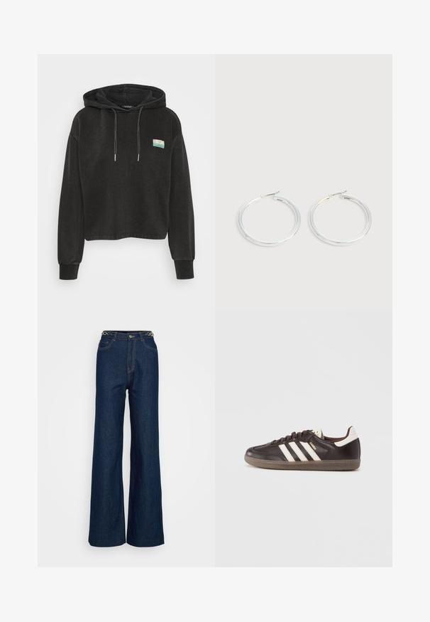 Sort cropped hoodie lavet af blød stof, med en kengurulomme, snørelukning på hætten og et lille farverigt patch foran.; Mørkeblå brede jeans lavet af denim med klassisk fem-lommers design, forstærket syning og en cirkulær hardwaredetalje på taljebåndet.; Mørkebrune lædersneakers med hvidt tre-stribet design, en gummisål og "Samba" i gyldne bogstaver på siden. Klassisk lavtopform.; Par skinnende sølvøreringe med tynde trådlåse, vist på en lys grå baggrund.