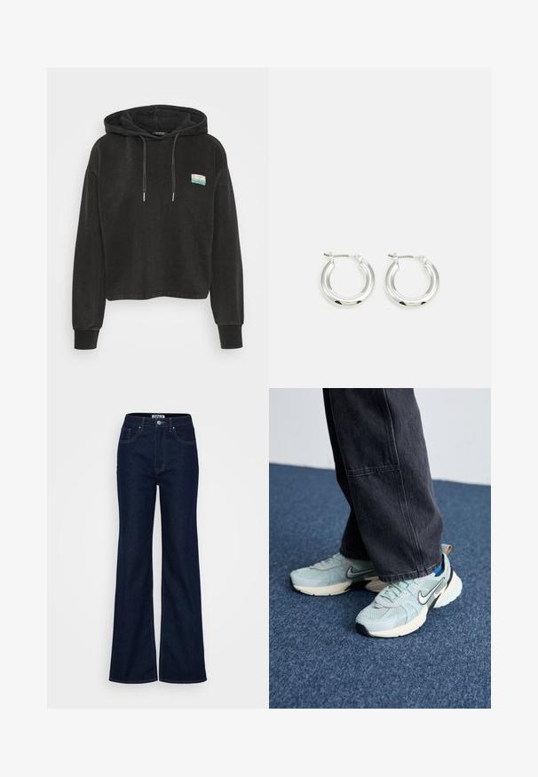 Mustmust, pehmest kangast must lühike kapuutsiga dressipluus, millel on känguru-tasku, nööriga kapuuts ja ees väike värviline patch.; ONLY Tall ONLJUICY WIDE RINSE - Wide leg - dark blue denim; Heled sinise võrgu struktuuriga Nike jooksujalatseid, millel on must Swoosh ja kreemjas keskosa, kombineerituna tumedates hallides laia säärega pükstega.; Hõbedased rõngaskõrvarõngad poleeritud viimistlusega, ringikujulise kujuga ja hingedega kinnitusega. Sile tekstuur minimaalsete detailidega.