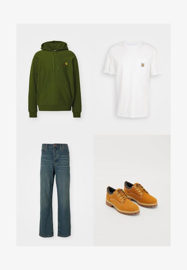 Green hoodie made of cotton blend, featuring a kangaroo pocket, adjustable drawstring hood, and embroidered logo on the chest.; White cotton t-shirt with short sleeves, a chest pocket, and a small square logo patch in orange and white on the pocket.; Blue denim jeans with a straight-leg design, featuring five pockets, a button closure, and light fading on the front.; Brown suede shoes with a rounded toe, yellow laces, a padded black collar, and rubber soles featuring traction grooves.