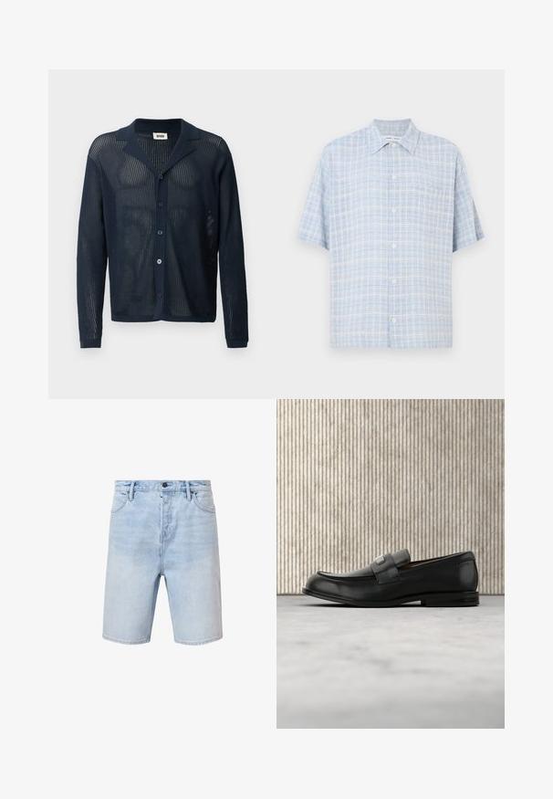 Cárdigan de punto de malla en azul marino, con solapa, botones en el frente y mangas largas, que presenta una textura ligera y transpirable.; Camisa de manga corta a cuadros azul claro y blanca con bolsillo delantero y cuello clásico.; Pantalones cortos de mezclilla azul claro con un ajuste regular, diseño de cinco bolsillos y cierre de botón. Presentan un ligero desvanecimiento y dobladillo cosido.; Mocasín de cuero negro con una placa metálica de marca apoyado cerca de una mesa redonda marrón sobre un suelo alfombrado beige.