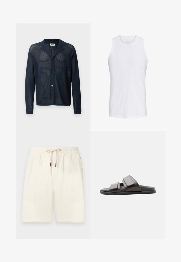 Marineblå, strikket cardigan i mesh med krave, frontknapper og lange ærmer, der har en let og åndbar tekstur.; Ærmeløs hvid tanktop med rund hals, vist på en ensfarvet hvid baggrund, uden synlige logoer eller mønstre.; Cremefarvede shorts lavet af struktureret stof med en ternet mønster. Har en elastisk talje med snor og to sidelommer.; Mørkebrun slidesandal med to brede justerbare velcro-remme og en sort sål, vist fra siden på hvid baggrund.