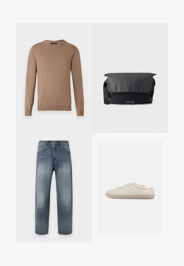 Beige langærmet sweater med rund halsudskæring, lavet af blødt, tekstureret stof. Har ribbede manchetter og søm samt en lille logodetalje.; Lyseblå denimjeans med lige pasform, der har fem lommer, lynlås og diskret falmning på benene. Afsluttet med syningsdetaljer.; Beige ruskindssneaker med en tekstureret overdel, glat hvid hælkappe, tynde snørebånd og en gummi-ydersål. Har et lavt profil design.; Sort messenger taske med klaplukning og struktureret forlomme, justerbar skulderrem og minimalistisk design på ensfarvet baggrund.