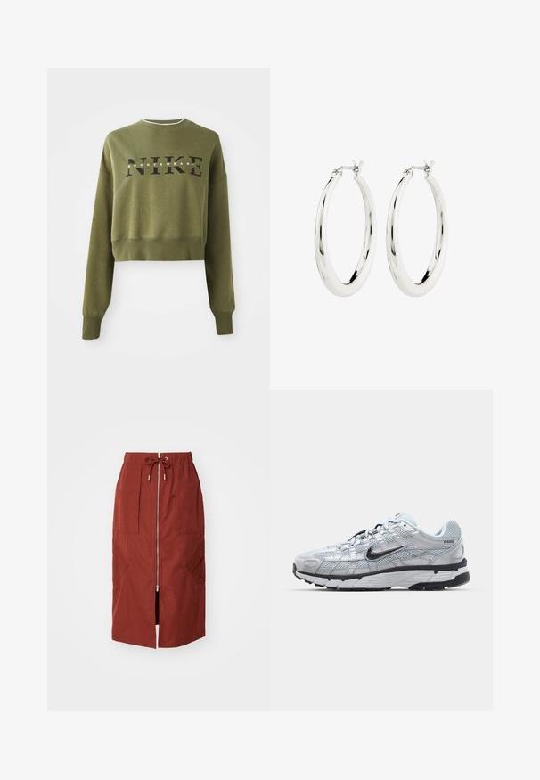 Olibroheline lühikeste varrukatega sviiter, millel on pikkade varrukatega, ümar kaelus ja must 'NIKE' logo rinnal. Pehme kangas ja soonikust mansetid.; Keskmise pikkusega seelik terrakota punases, millel on eesne lukuga, elastne vöökoht koos tõmblukuga ja küljetaskud geomeetrilise mustriga.; Nike P-6000 tenniset heleda halli võrgust pealteega, mustade aktsentidega ja vastupidava musta kummist tallaga. Omab keerukat disaini ja paeltesüsteemi.; Hõbedased rõngaskõrvarõngad siledast ja läikivast viimistlusest. Ringikujuline, sisaldab kindlat kinnitust. Lihtne ja elegantne disain.