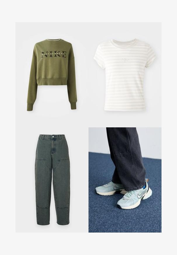 Olivovo zelená skrátená mikina s dlhými rukávmi, okrúhlym výstrihom a čiernym logom 'NIKE' na hrudi. Mäkká tkanina a rebrované manžety.; Biele prúžkové tričko s krátkym rukávom vyrobené z mäkkej bavlny. Má okrúhly výstrih a malé vyšívané logo Nike na hrudi.; Džínsy v tmavomodrej farbe s voľným strihom, ktoré majú postranné vrecká a kontrastné šitie. Tkanina má mierne vyblednutú textúru.; Svetlo modré sieťované Nike tenisky s textúrovaným povrchom, čiernym swooshom a krémovou medzipodrážkou, skombinované s tmavošedými širokými nohavicami.