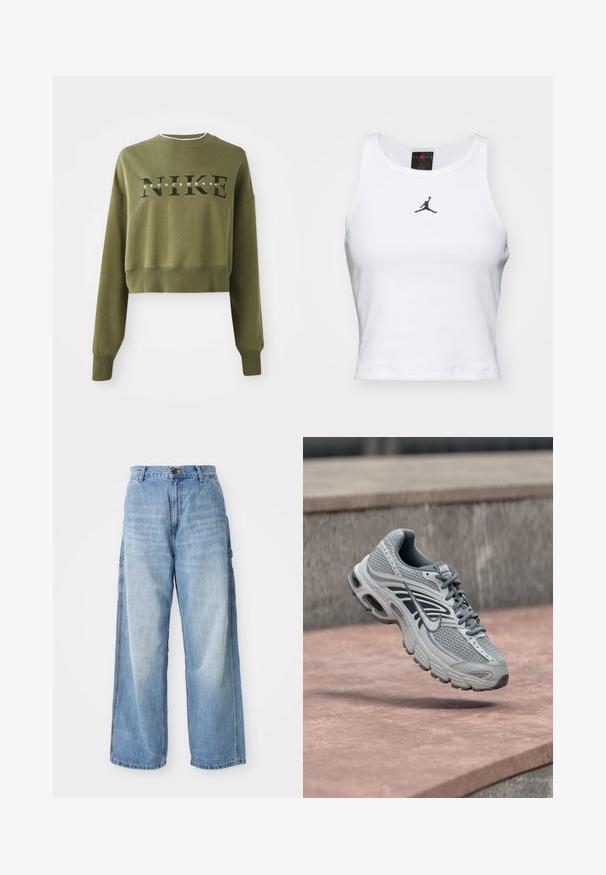 Olibroheline lühikeste varrukatega sviiter, millel on pikkade varrukatega, ümar kaelus ja must 'NIKE' logo rinnal. Pehme kangas ja soonikust mansetid.; Valge lühike puuvillane tank top ribakangast. Keskel on must Jordan'i logo ja klassikaline ümar kaelus.; Heledad sinine laiad teksad kõrge vöökohaga, küljetaskutega ja pleekinud tekstuuriga, valmistatud denimpoolt.; Helehall ja valge Nike jooksujalats võrgumustriga, hõljumas kivi peal õues.