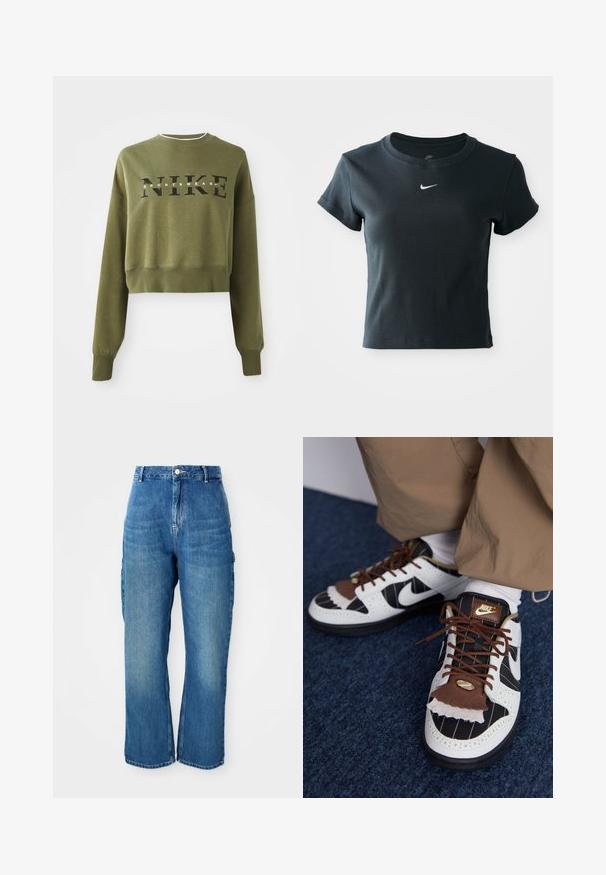 Sudadera corta de color verde oliva con mangas largas, cuello redondo y logo negro de 'NIKE' en el pecho. Tejido suave y puños acanalados.; Camiseta de manga corta negra, ajustada y de canalé, hecha de tela suave, con un pequeño logo de Nike en blanco en el pecho.; Jeans de mezclilla azul de cintura alta y pierna recta con botón frontal, cierre de cremallera y bolsillos tipo cargo laterales sobre un fondo blanco.; Zapatillas Nike con materiales en blanco, negro y marrón. Presentan una solapa texturizada marrón, un diseño de rayas y cordones tradicionales con acentos dorados.