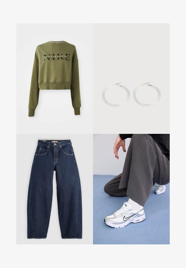 Olivovo zelená skrátená mikina s dlhými rukávmi, okrúhlym výstrihom a čiernym logom 'NIKE' na hrudi. Mäkká tkanina a rebrované manžety.; Tmavomodré džíny z denimu s voľným strihom, svetlým šitím, piatimi vreckami a zapínaním na gombík v páse.; Biele a strieborné športové topánky s jemnou sieťovinou a syntetickými materiálmi, so čiernymi akcentmi, šnúrkami a textúrovanými podrážkami.; Pár lesklých strieborných kruhových náušníc s tenkými drôtenými zapínaniami, zobrazených na svetlo šedom pozadí.