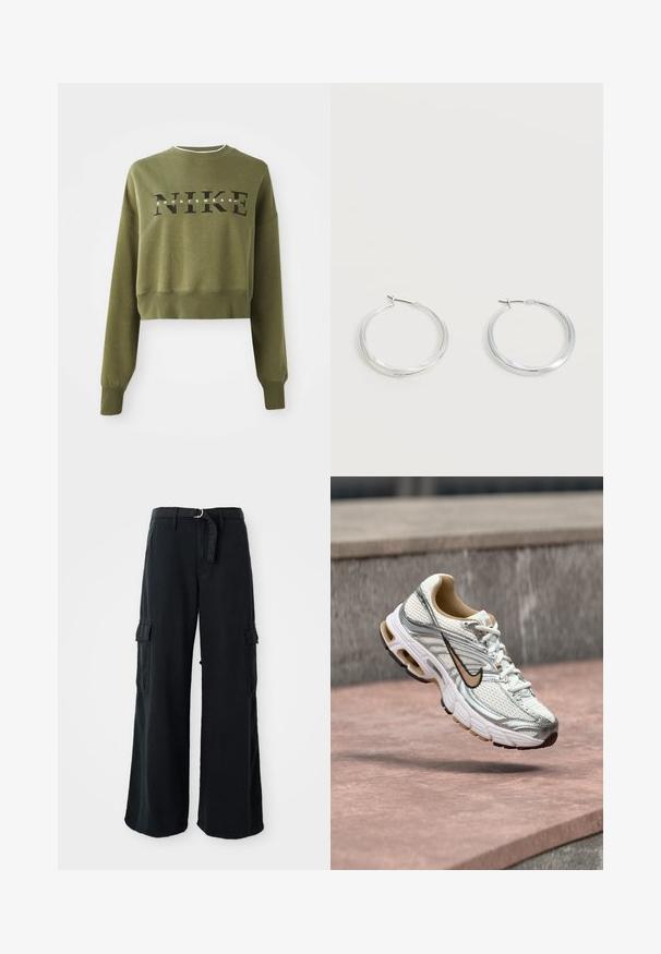 Olivovo zelená skrátená mikina s dlhými rukávmi, okrúhlym výstrihom a čiernym logom 'NIKE' na hrudi. Mäkká tkanina a rebrované manžety.; Čierne široké nohavice cargo vyrobené z bavlny s viazacím pásom, s dvoma bočnými vreckami a hladkou textúrou látky.; Biely a strieborný bežecký Nike topánka s béžovým logom Swoosh, zobrazená vo vzduchu nad kamenným povrchom s rozmazaným sivým pozadím steny.; Strieborné kovové kruhové náušnice s hladkým, mierne zakriveným povrchom a zapínaním na poistku na jednoduchom bielom pozadí.