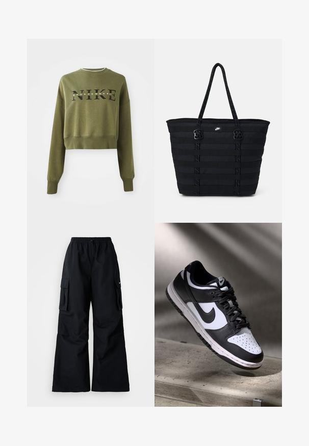 Sudadera corta de color verde oliva con mangas largas, cuello redondo y logo negro de 'NIKE' en el pecho. Tejido suave y puños acanalados.; Pantalones cargo negros de pierna ancha, con cinturilla elástica, cordón ajustable y dos bolsillos laterales. Hechos de un tejido suave y ligero.; Zapatilla Nike Dunk Low en blanco y negro con parte superior de cuero, caja de dedos perforada y cordones negros, que cuenta con una suela blanca y acentos de logo.; Bolso tote de nailon negro con diseño de cintas horizontales, asas dobles y dos acentos decorativos de hardware. Pequeño logotipo en la parte frontal.