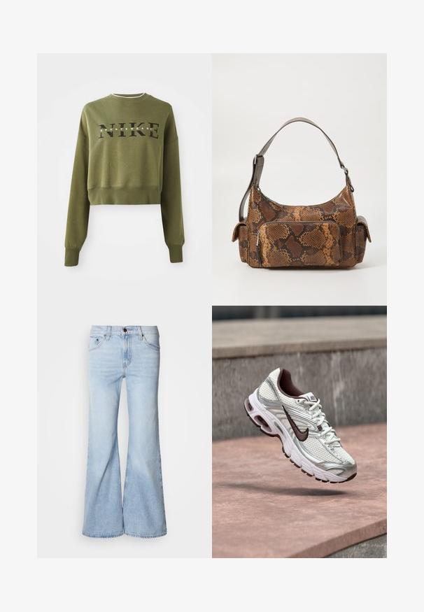 Oliivinvihreä lyhyt kunnallissweatshirt, jossa on pitkät hihat, pyöreä kaula-aukko ja musta 'NIKE' -logo rinnassa. Pehmeä kangas ja ribattu resori hihansuissa.; Vaalean siniset levenevät farkut, joissa on korkea vyötärö, farkkukangas, viisi taskua ja napitus. Lahkeet ovat leveät ja niissä on hieman haalistunut viimeistely.; Valkoinen ja hopeanvärinen Nike-juoksukenkä, jossa musta Swoosh-logo, roikkuu betonipinnan yläpuolella ulkona.; Ruskean käärmeennahkakuosisessa käsilaukussa on teksturoidun pinnan lisäksi kaareva muotoilu, yksinkertainen olkahihna ja yksi etupuolella oleva vetoketjullinen tasku.
