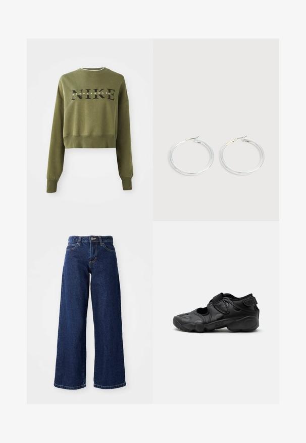 Olivenfarvet cropped sweatshirt med lange ærmer, rund halsudskæring og sort 'NIKE' logo over brystet. Blødt stof og ribbede manchetter.; Mørkeblå vide jeans lavet af denim, med knap- og lynlåslukning, bæltesløjfer og klassisk fem-lomme design.; Sort atletisk sandal med lukket tå, velcro stropper ved mellemfoden og hælen samt tyk polstret sål markeret med "AIR" på siden.; Par skinnende sølvøreringe med tynde trådlåse, vist på en lys grå baggrund.