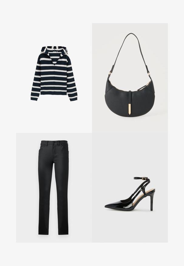 Marineblauwe en witte gestreepte trui, met V-hals ontwerp, lange mouwen, gemaakt van zacht materiaal, met een licht relaxte pasvorm en geribbelde manchetten.; TOM TAILOR TTLUCIE SKINNY FIT - Jeans Skinny Fit - coated black denim; Zwarte lakleren hoge hak slingback schoenen met spitse neus, verstelbare enkelband en open zijkanten. Gladde textuur.; Zwarte handtas in halve maanvorm met een enkele band, gouden rits en een gouden rechthoekige decoratieve tab aan de voorkant.