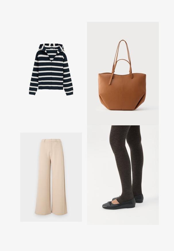 Marineblauwe en witte gestreepte trui, met V-hals ontwerp, lange mouwen, gemaakt van zacht materiaal, met een licht relaxte pasvorm en geribbelde manchetten.; Beige wijde broek met hoge taille, riemlussen en een verborgen sluiting aan de voorkant, op een witte achtergrond.; Benen met donkere geribbelde leggings gecombineerd met zwarte ballerina's met kleine strikdetails op een witte achtergrond.; Tan-kleurige nepleren draagtas met twee lange handvatten, een afgeronde vorm, zichtbare stiksels en verticale naaddetails. Gladde textuur.