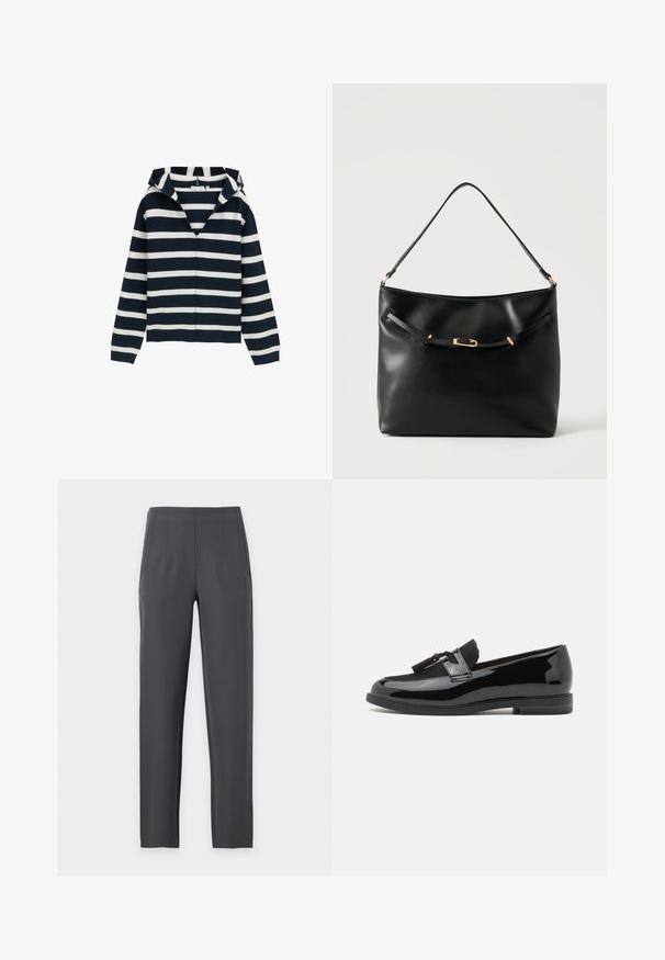 Pull marin et blanc à rayures, design en V, à manches longues, fabriqué à partir d'un matériau doux, avec une coupe légèrement décontractée et des poignets côtelés.; Pantalon droit gris foncé avec taille haute et plis subtils à l'avant, présenté sur un fond clair uni.; Mocassins en cuir verni noir avec un bout arrondi, une sangle décorative en daim noir et une semelle en caoutchouc plate. Texture lisse avec une finition brillante.; Sac à épaule en cuir noir avec une bandoulière unique et un petit détail de boucle dorée à l'avant, sur un fond clair uni.