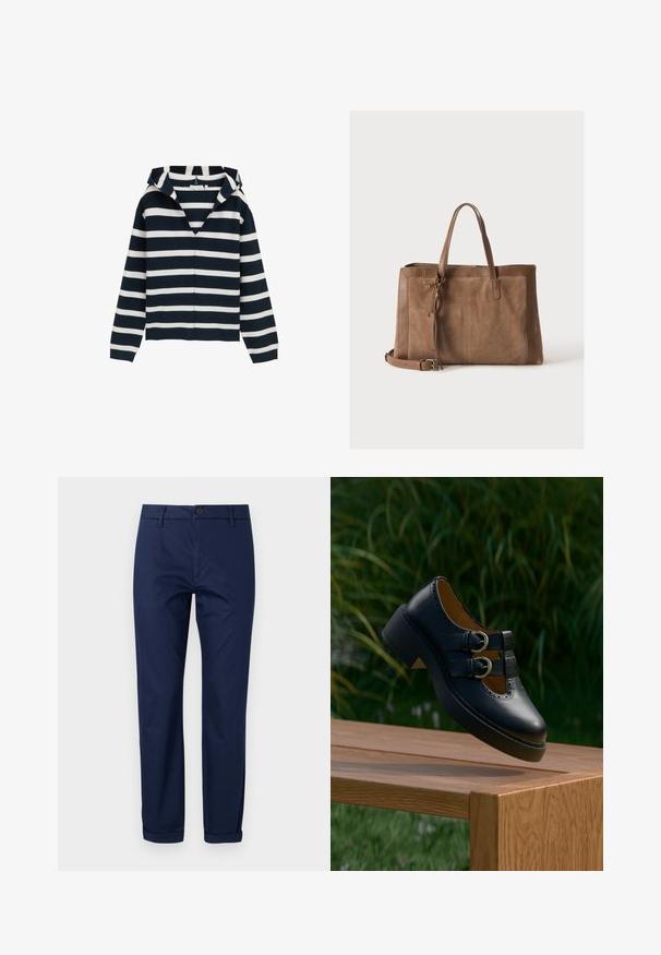 Marineblåt og hvidt stribet sweater, v-hals design, lange ærmer, lavet af blødt materiale, med en let afslappet pasform og ribbede manchetter.; Marineblå bomulds-chinos med flad front, metalknaplukning, sidelommer og opsmøgede sømme. Glat tekstur og skræddersyet design.; Sort læder sko med dobbelt spænde og perforerede detaljer, der svæver over en træbænk udendørs med grøn græs og planter i baggrunden.; Brun ruskind og læder tote taske med dobbelte håndtag, en aftagelig skulderrem og dekorativt kvastdetalje på en ensfarvet baggrund.