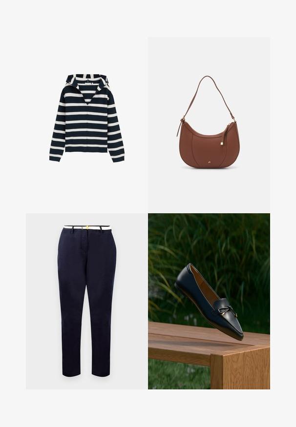 Marineblauwe en witte gestreepte trui, met V-hals ontwerp, lange mouwen, gemaakt van zacht materiaal, met een licht relaxte pasvorm en geribbelde manchetten.; Marineblauwe chinos met een slim fit, van katoen, en een witte riem met een goudkleurige gesp. Gladde textuur, rechte pijpen, minimalistisch design.; Zwarte leren loafer met een strikdetail die boven een houten bankje zweeft, met groen gras en planten op de achtergrond.; Bruine faux leren schoudertas met een gebogen vorm, minimale stiksels en een gouden hardware-accent. Voorzien van een bovenste ritsluiting en een verstelbare schouderband.