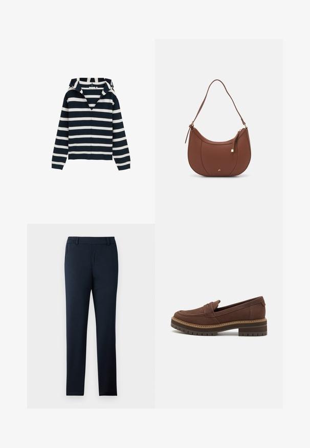 Marineblåt og hvidt stribet sweater, v-hals design, lange ærmer, lavet af blødt materiale, med en let afslappet pasform og ribbede manchetter.; Mørkeblå bukser lavet af et blødt, strækbart stof. Har en flad front, bæltestropper og et slankt, tapered ben design.; TOMS CARA - Loafers - dark brown; Brun faux læder skuldertaske med buet form, minimal syning og en guldtonet hardwaredetalje. Har en top lynlåslukning og justerbar rem.