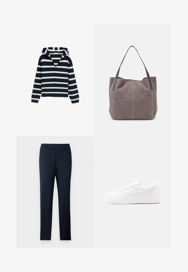 Pull marin et blanc à rayures, design en V, à manches longues, fabriqué à partir d'un matériau doux, avec une coupe légèrement décontractée et des poignets côtelés.; Pantalons bleu marine en tissu doux et extensible. Dotés d'un devant plat, de passants de ceinture et d'un design à jambe slim et effilée.; Baskets basses blanches avec semelle épaisse, design à lacets et détails de couture subtils sur un fond clair uni.; Sac fourre-tout en suédine grise avec deux poignées en cuir foncé. Présente des coutures sur les côtés, une texture douce et une ouverture spacieuse.